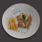Fusilli Aglio 'E Olio & fried Fish Roll with French Fries